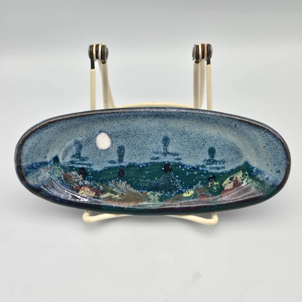 Studio Art Pottery Oval Trinket Dish 7.5" Blue Ocean Moon Scene Signed Morgan